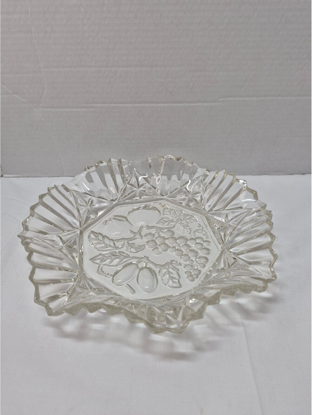 Vintage Clear Glass Decorative Dish with Fruit Motif and Scalloped Edges J81